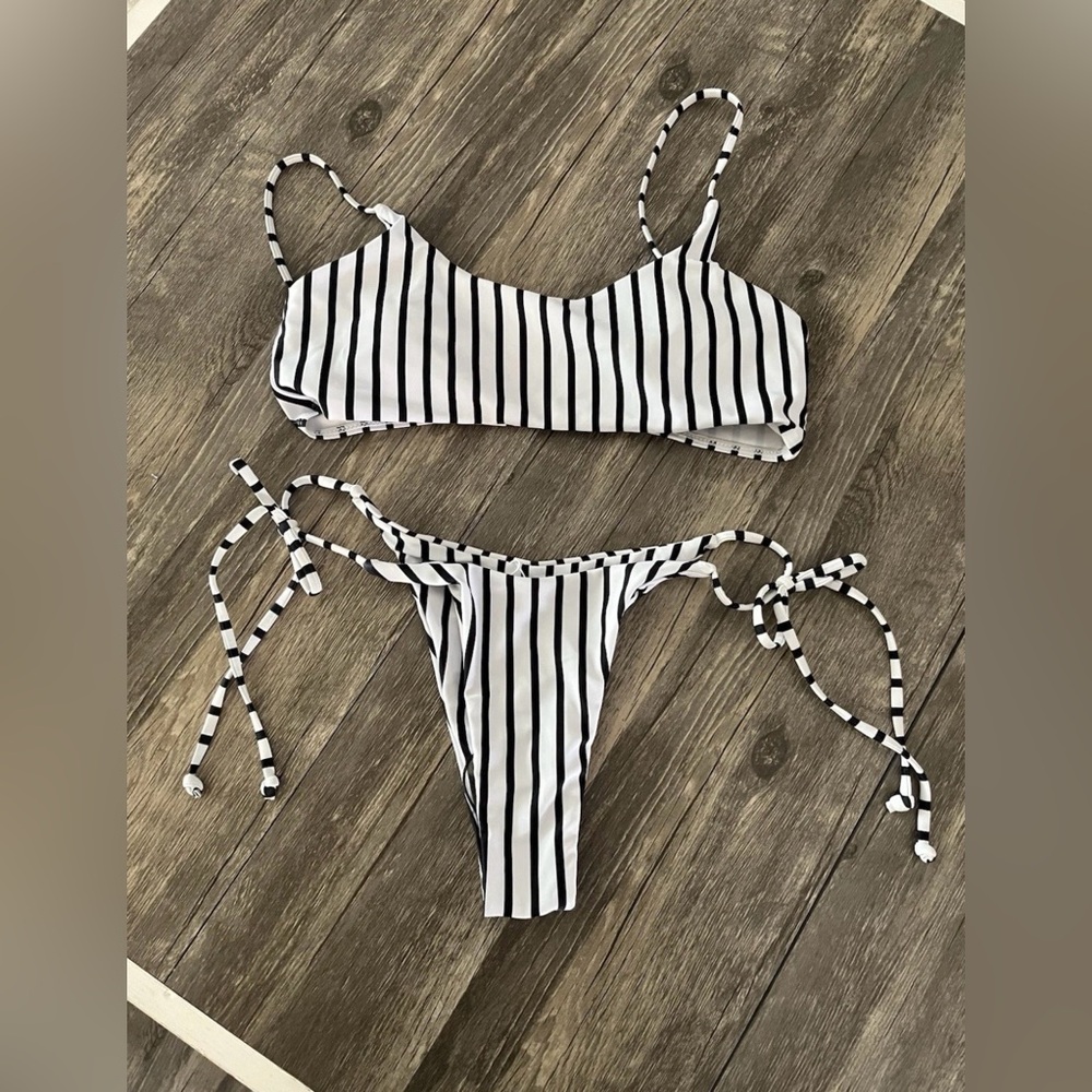 Black and White Striped 2 Piece Bikini